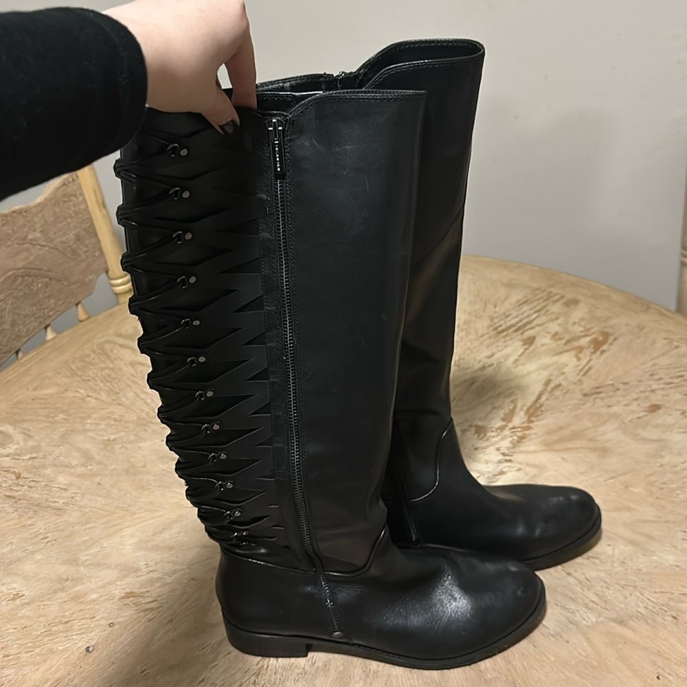 Women’s Gianni Bini Black Leather Riding Boots with Woven Details